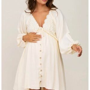 Beige crochet lace button front maternity dress